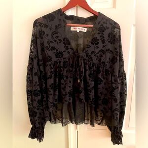 Free People Black Cropped Duster Jacket Size Medium Velvet Floral Detail